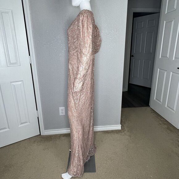 Mac Duggal Size 14 Gown Sequined Beaded Puff Sleeve Deep V Neck Blush Pink - Picture 4 of 12